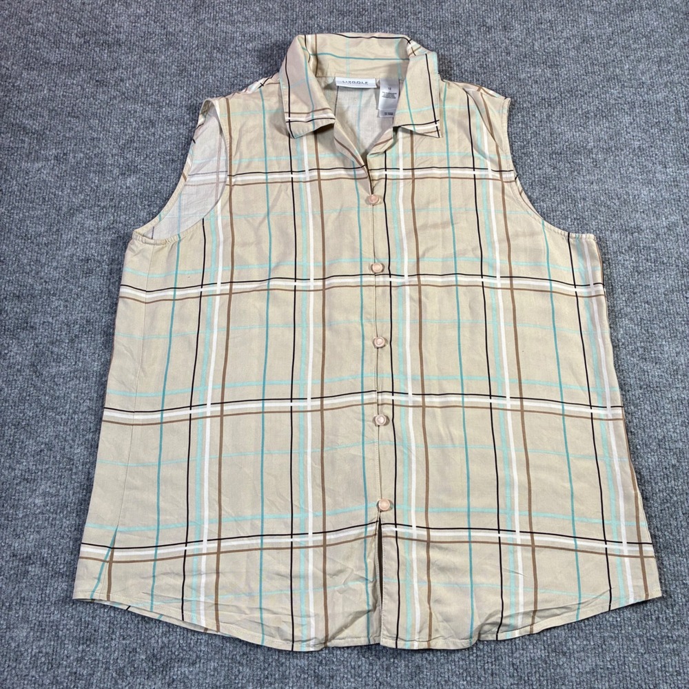 Lizgolf Liz Claiborne Silk Top Womens 12 Tan Plaid Sleeveless Button Up